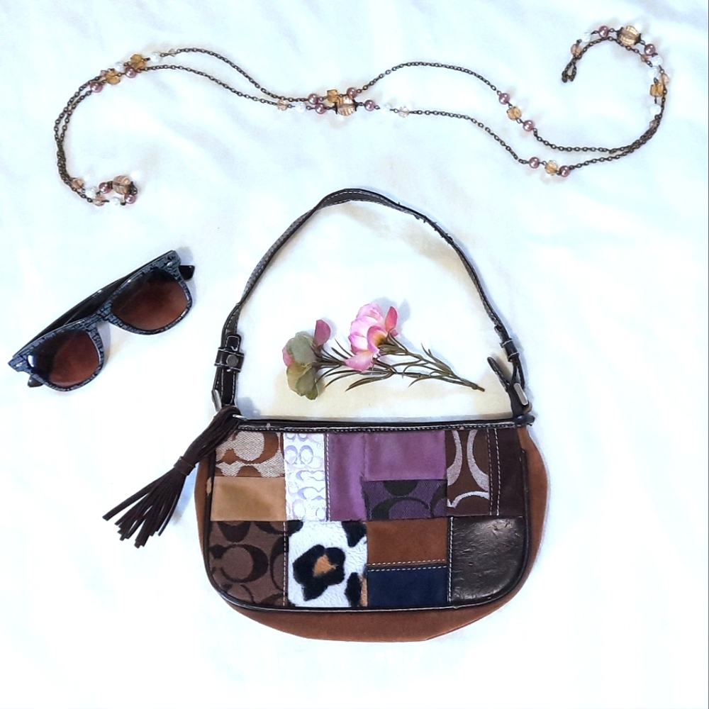 Handbag, Patchwork - Brown, Purple, Black, White with Tassle